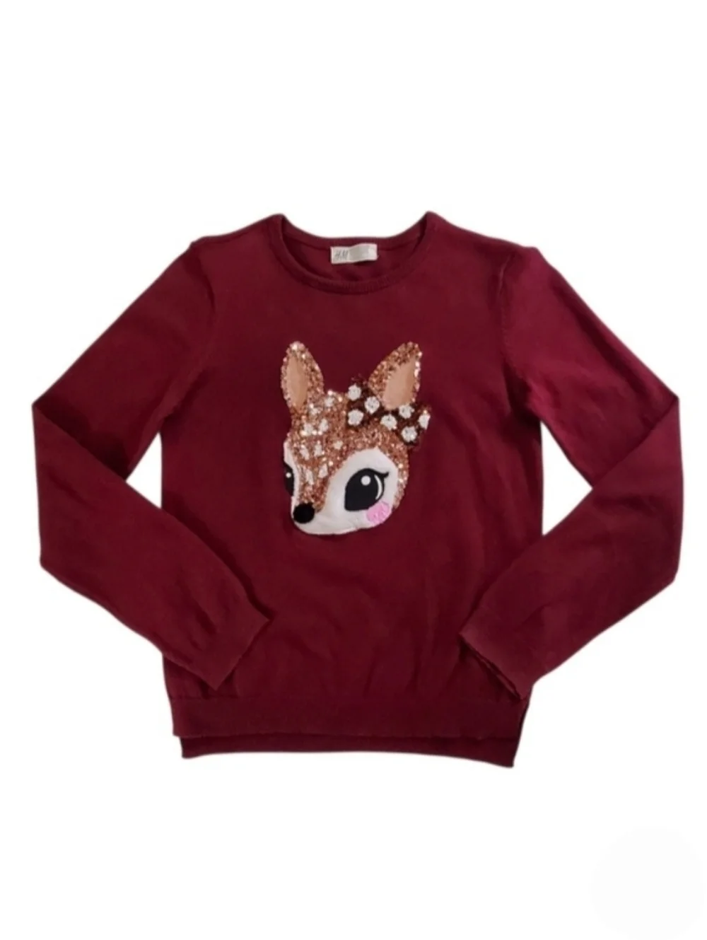 K1424 * H&M Girls Sequin Deer Sweater Long Sleeve Burgundy Red Size 8-10Y
